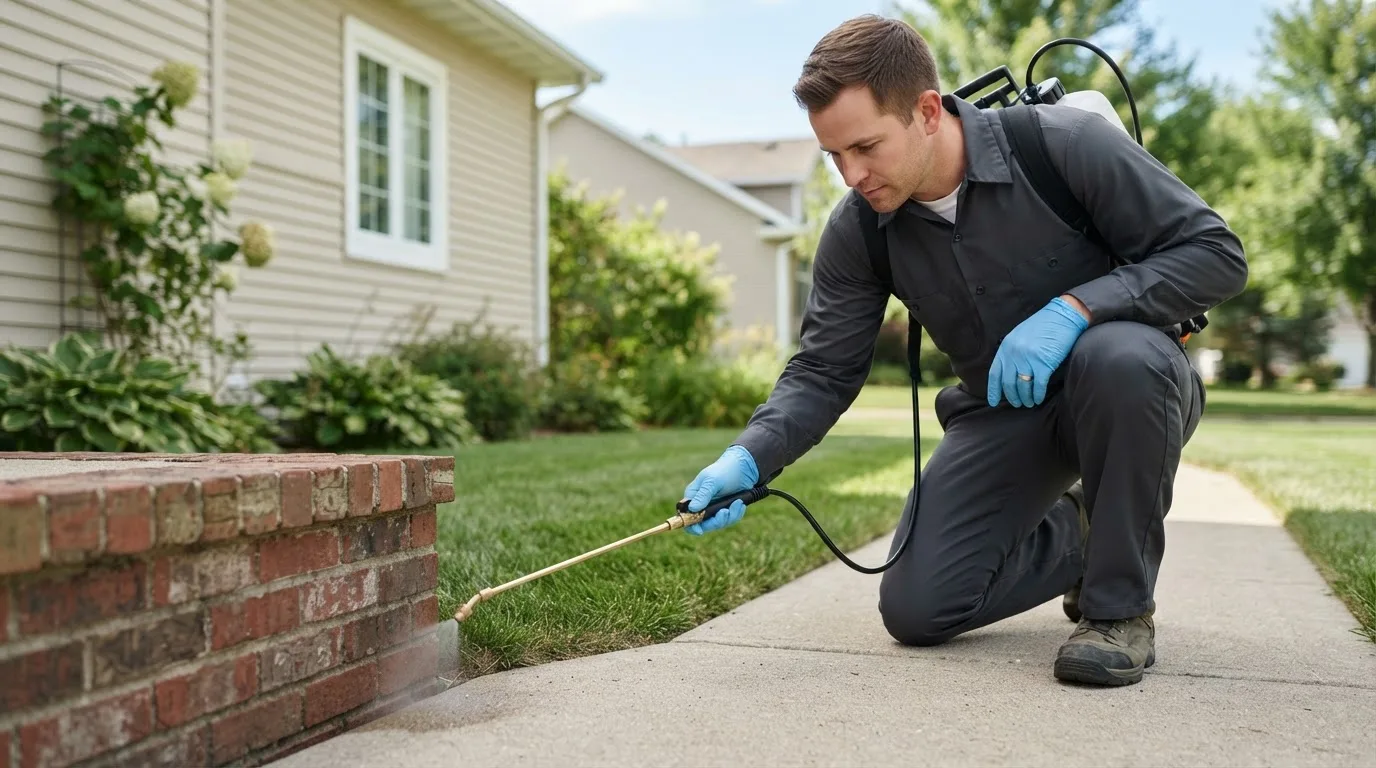 Pest control technician treating a home near Zionsville, IN