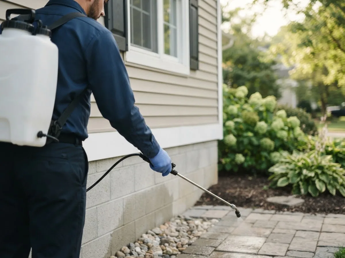 Pest control technician inspecting a home in Zionsville, IN